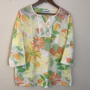 Blair 100% cotton tropical floral Green White yellow top lace trim beach coverup